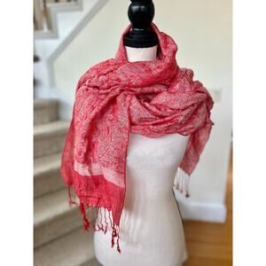 Red & White Paisley Fringe Pashmina Cashmere & Silk Scarf Shawl